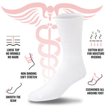 Load image into Gallery viewer, 12 Pairs of Premium Cotton Loose Top Diabetic Neuropathy Crew Socks (White)