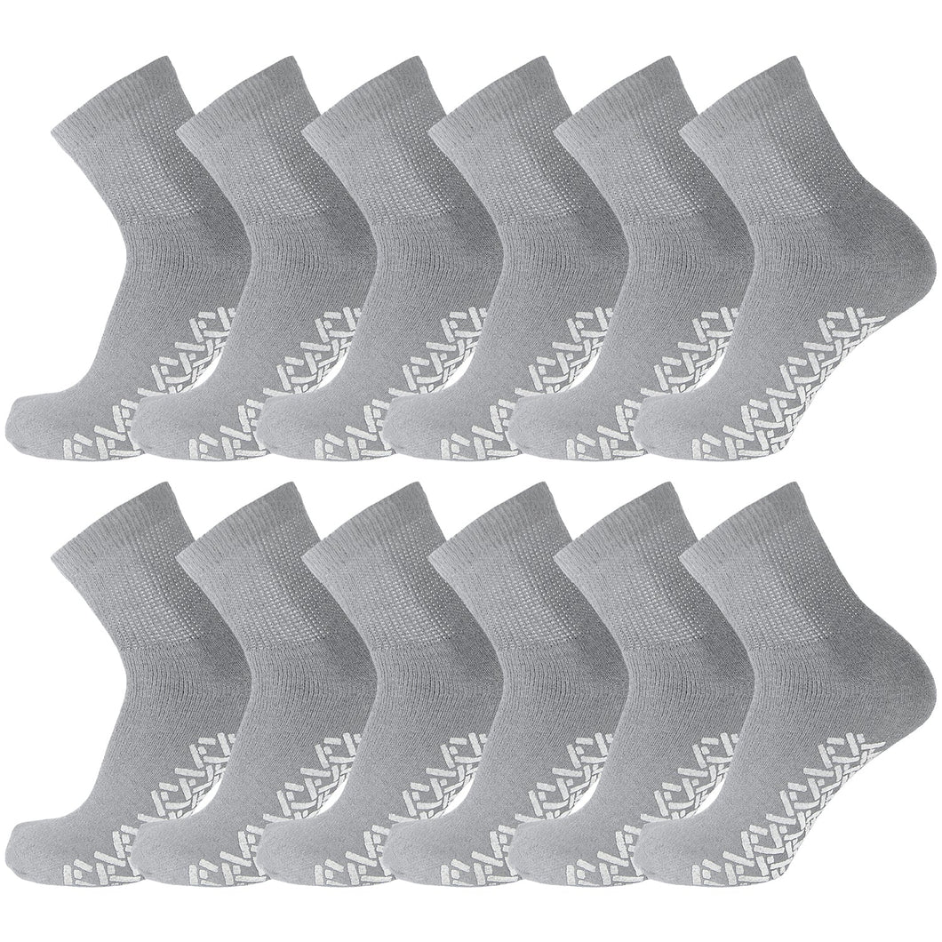 12 Pairs of Non-Skid Diabetic Cotton Quarter Socks with Non Binding Top (Grey, Size 10-13)-(Final Sale)
