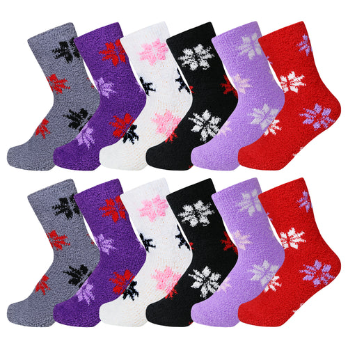 12 Pairs of Women's Snowflakes Fuzzy Plush Soft Slipper Socks, Fluffy Warm Winter Cozy Socks (Shoe size 5-10)