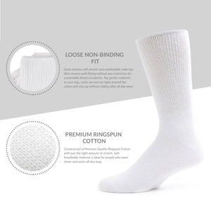 12 Pairs of Premium Cotton Loose Top Diabetic Neuropathy Crew Socks (White)