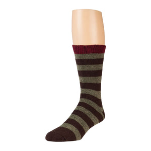Brown Striped Winter Thermal Crew Boot Sock With Red Top