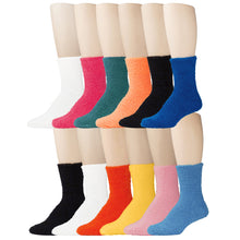 Load image into Gallery viewer, 12 Pairs of Fuzzy Plush Colorful Slipper Socks, Assorted Solids, Size 9-11