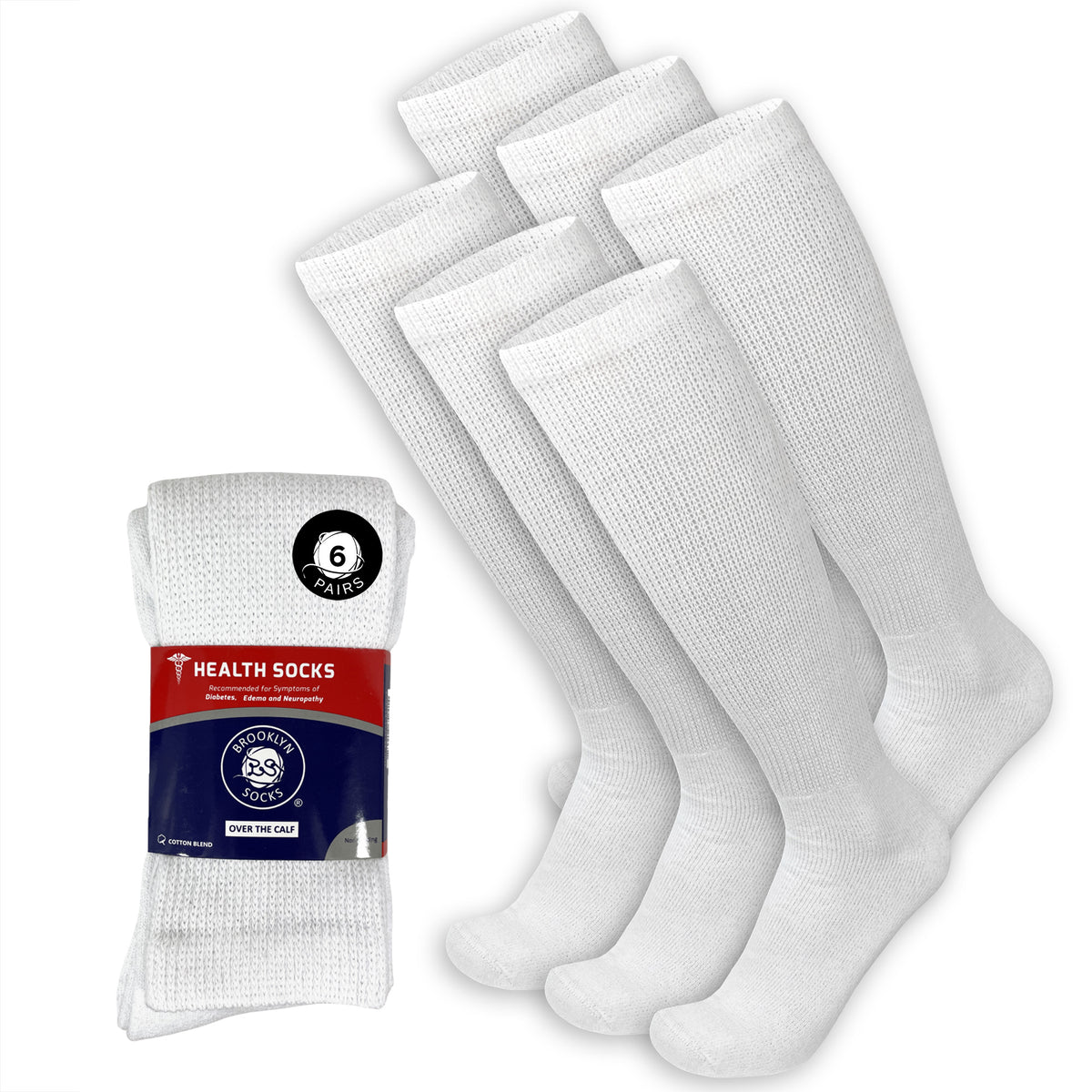6 Pairs of Diabetic Over the Calf Knee High Cotton Socks (White
