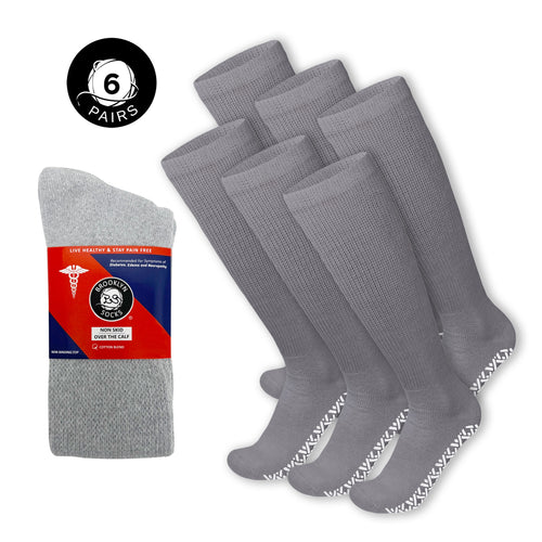 6 Pairs of Non-Skid Over-The-Calf Diabetic Cotton Socks with Non Binding Top (Gray)
