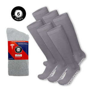 6 Pairs of Non-Skid Over-The-Calf Diabetic Cotton Socks with Non Binding Top (Gray)