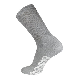Grey Non Slip Diabetic Crew Sock With White Rubber Grips On The Bottom And Non Binding Top