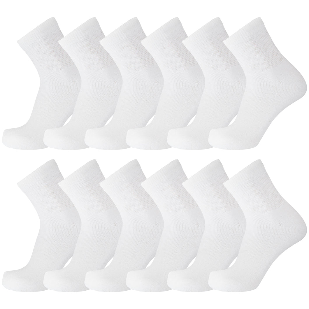 12 Pairs of Diabetic Cotton Athletic Sport Quarter Socks (White, 13-16)-(Final sale)