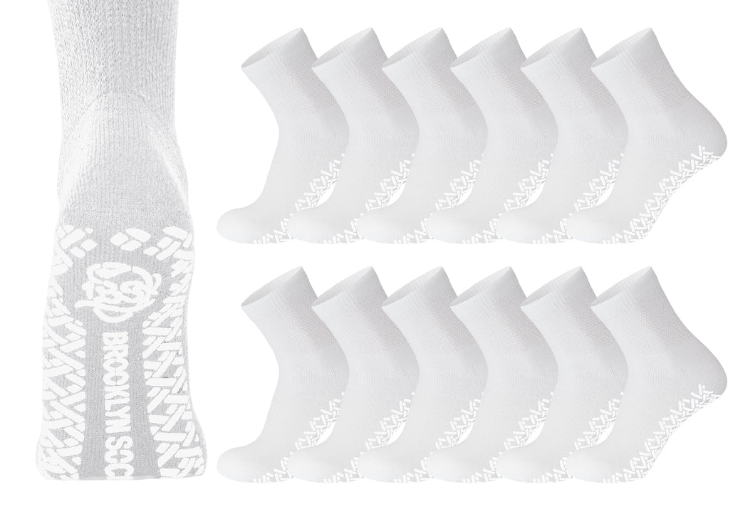 12 Pairs of Non-Skid Diabetic Cotton Quarter Socks with Non Binding Top (White)