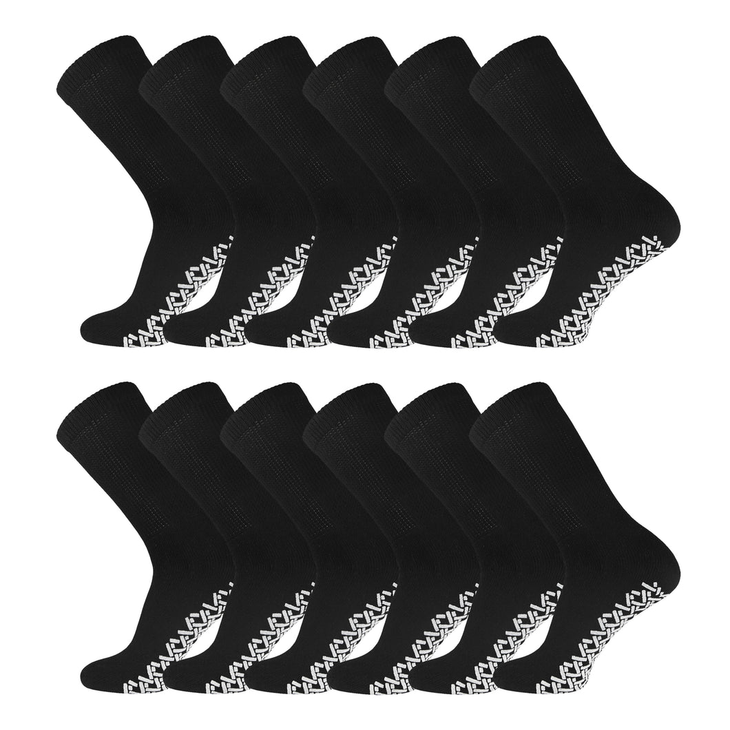 12 Pairs of Non-Skid Diabetic Cotton Crew Socks with Non Binding Top (Black, 9-11)-(Final Sale)