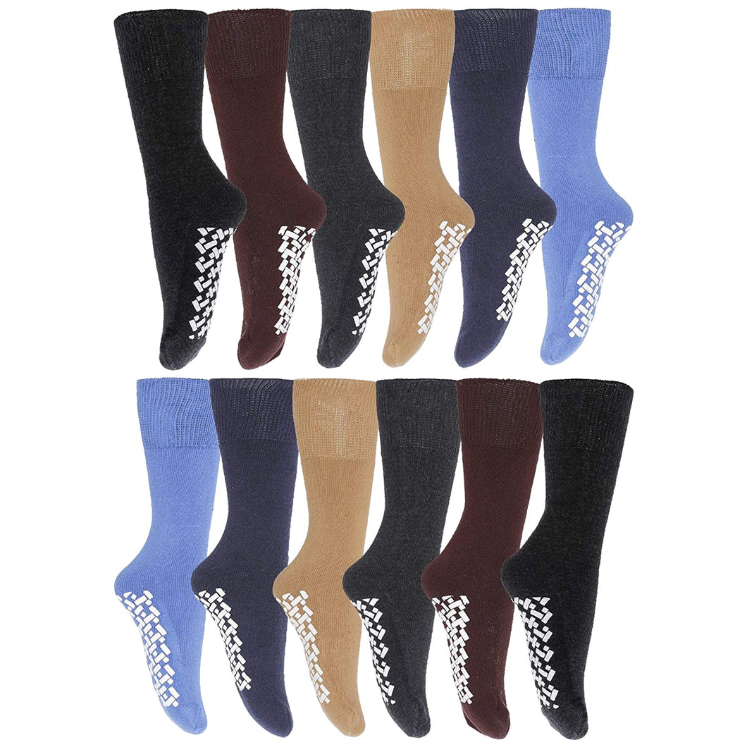 12 Pairs of Womens Non Skid/Slip Diabetic Medical Socks, Cotton With Rubber Gripper Bottom (Black/Khaki/Light Blue assorted, Size 9-11)-(Final Sale)