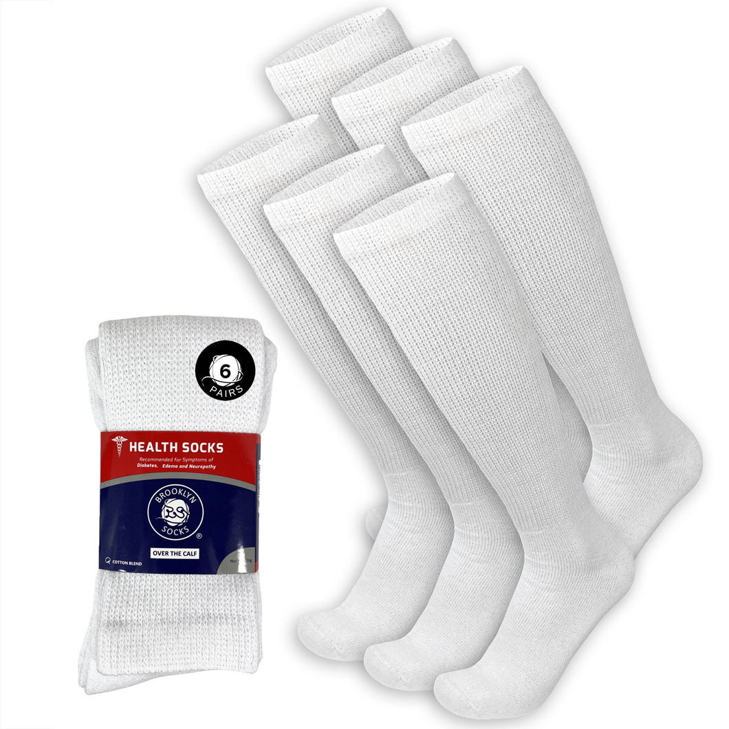6  Pairs of Diabetic Over the Calf - Knee High Cotton Socks (White)-(Final Sale)