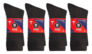 12 Pairs of Non-Skid Diabetic Cotton Crew Socks with Non Binding Top (Black)