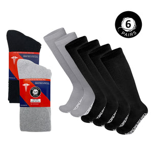 6 Pairs of Non-Skid Over-The-Calf Diabetic Cotton Socks with Non Binding Top (Black and Gray Assorted)