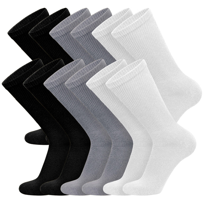 12 Pairs of Diabetic Neuropathy Cotton Crew Socks (Black, Gray, White)