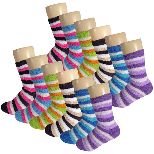 12 Pairs of Women's Colorful Fuzzy Non Slip Socks for Hospital Stay, Striped, Size 9-11