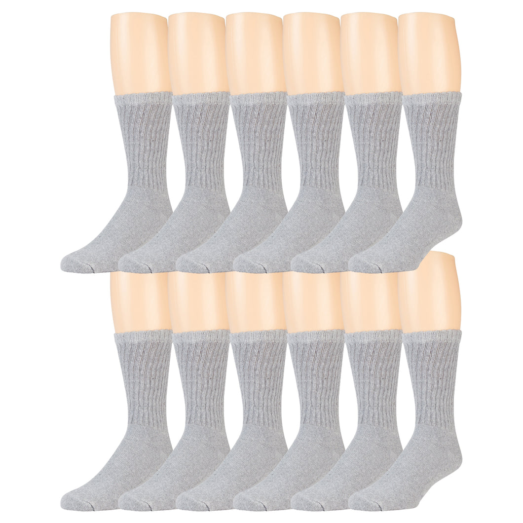 Grey Cotton Crew Athletic Sports Socks - 12 Pairs