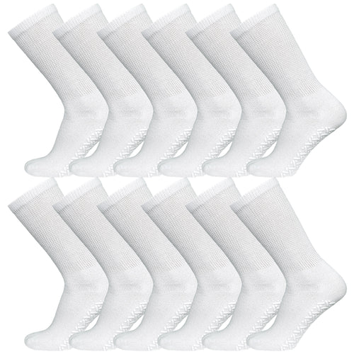 12 Pairs of Non-Skid Diabetic Cotton Crew Socks with Non Binding Top (White)