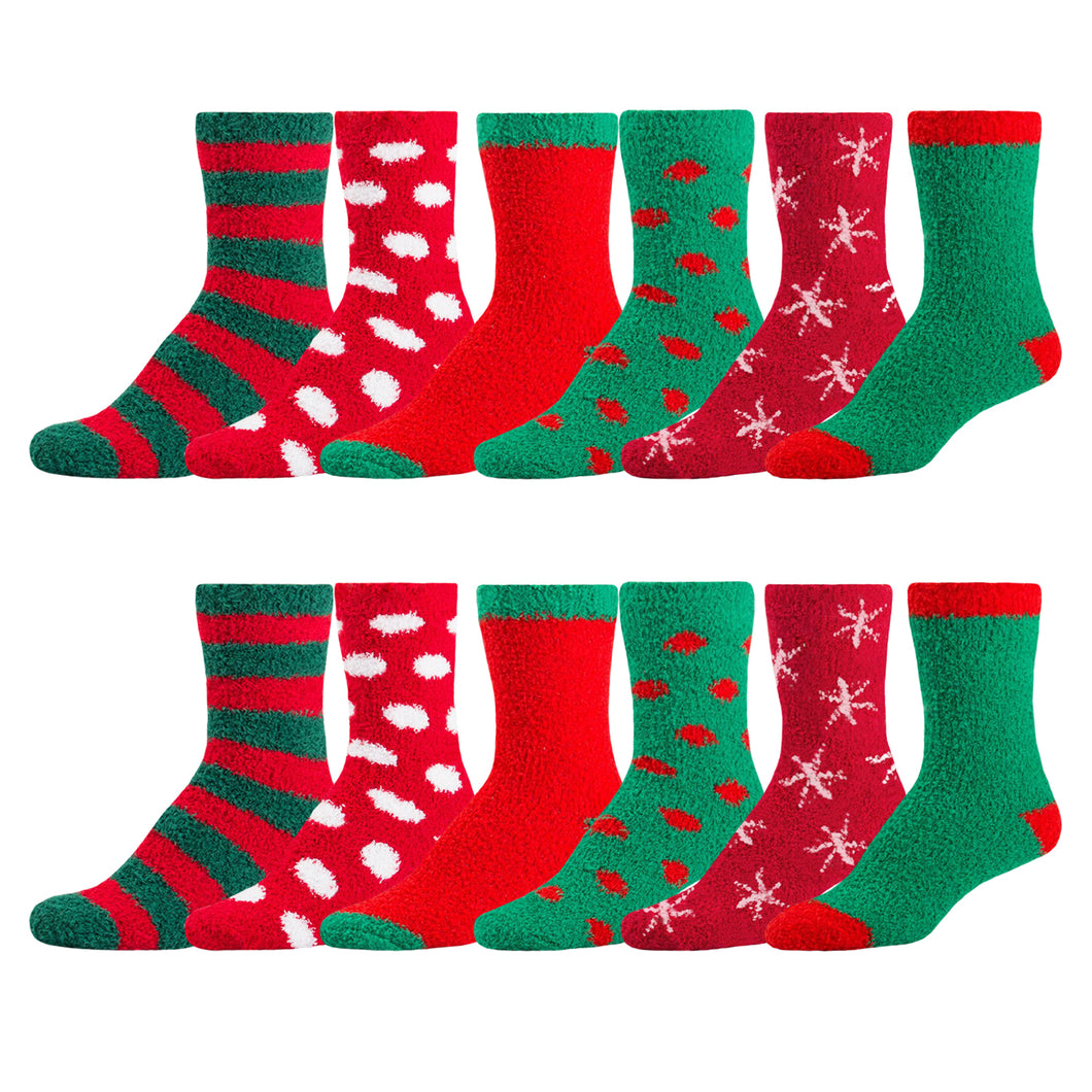 12 Pairs of Women's Christmas Fuzzy Plush Soft Slipper Socks, Fluffy Warm Winter Xmas Cozy Socks (Fits Size 6-10))