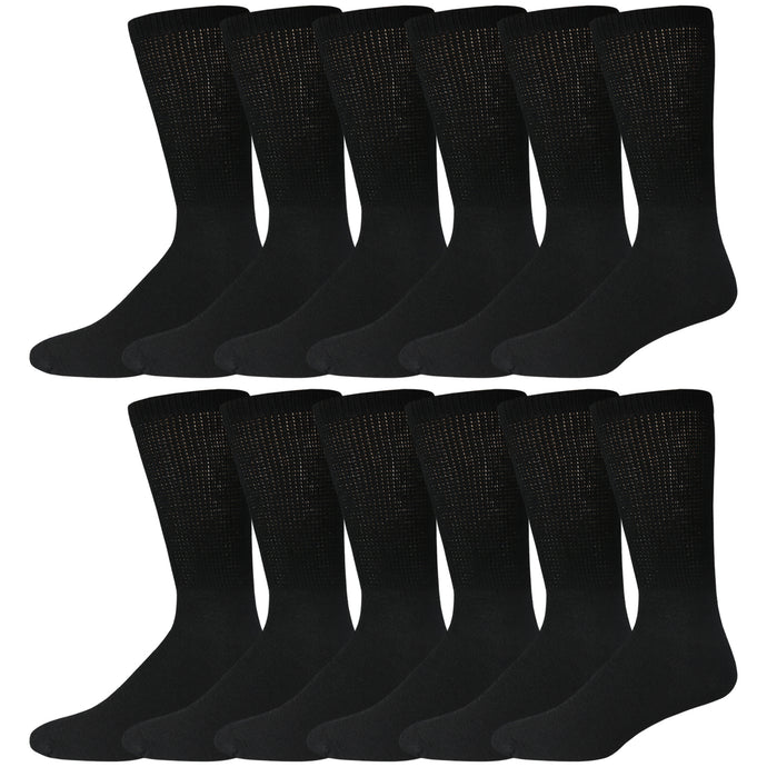 Black Cotton Diabetic Neuropathy Crew Socks With Loose Top 12 Pairs Pack