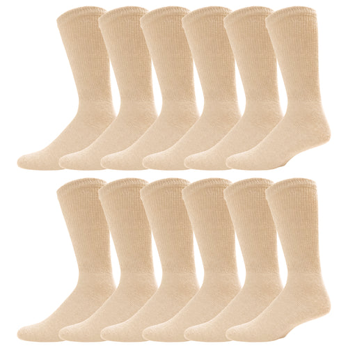 Beige Cotton Diabetic Neuropathy Crew Socks With Loose Top 12 Pairs Pack