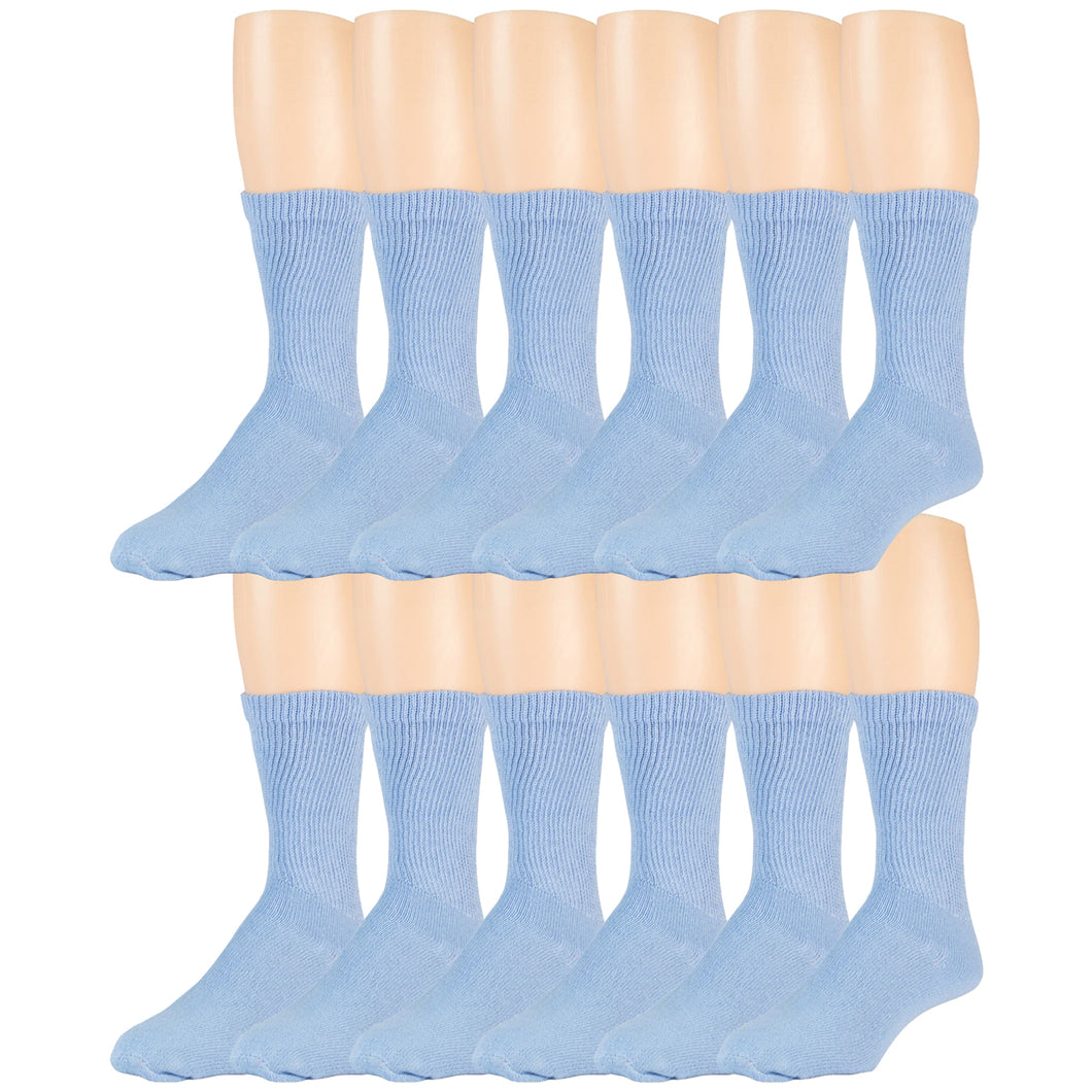 12 Pairs of Diabetic Neuropathy Cotton Crew Socks Light Blue, Sock Size 9-11