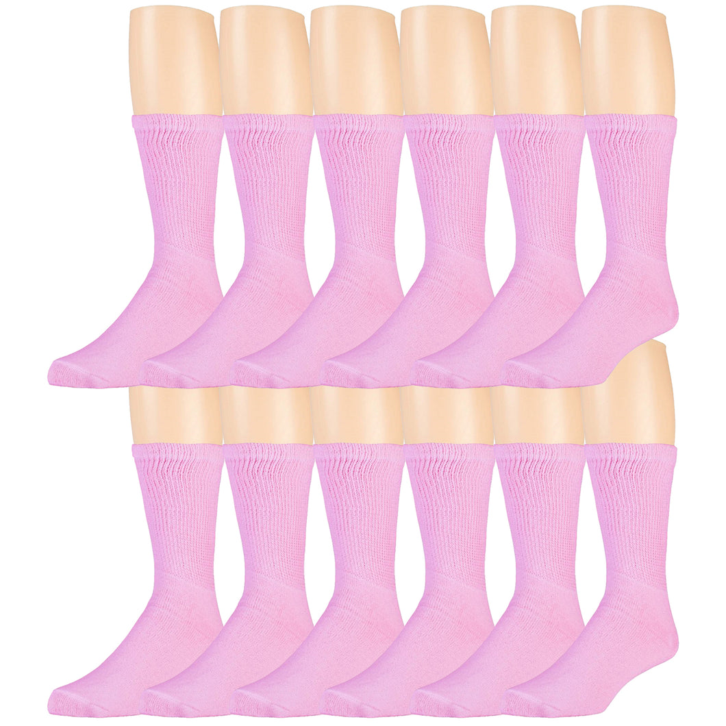 12 Pairs of Diabetic Neuropathy Cotton Crew Socks Pink, Sock Size 10-13
