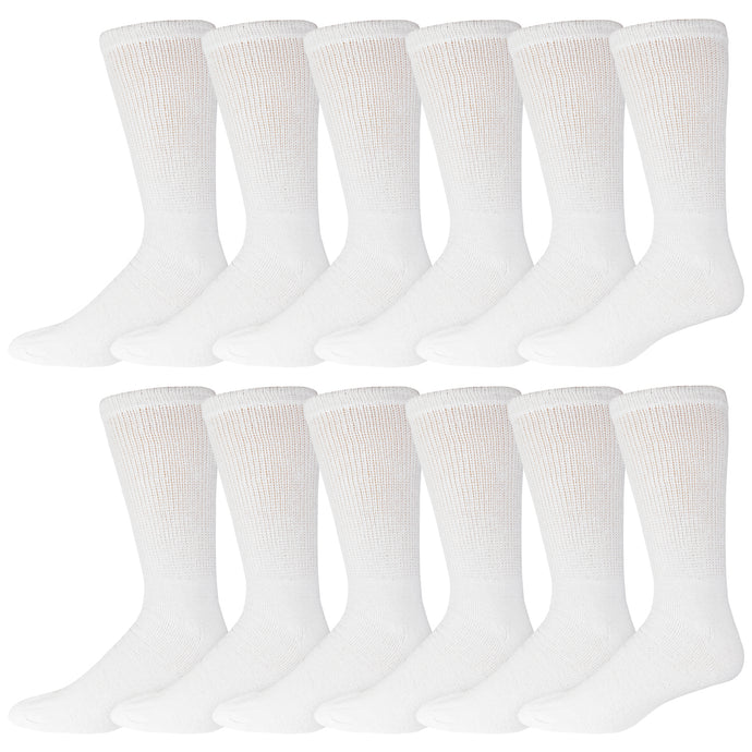 White Cotton Diabetic Crew Socks With Non-Binding Top - 12 Pairs