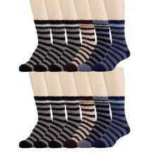 Load image into Gallery viewer, 12 Pairs of Fuzzy Fluffy Slipper Winter Socks, Assorted Striped, Size 9-11