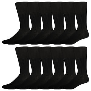 12 Pairs of Dress Diabetic Crew Socks with Non-Binding Top (Black)