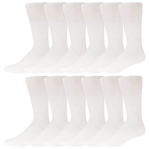 12 Pairs of Crew Diabetic Dress Socks with Non-Binding Top, White, Sock Size 10-13
