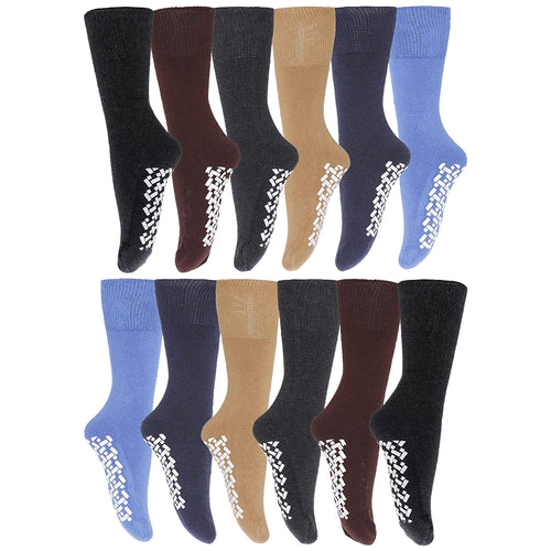 12 Pairs of Mens Non Skid/Slip Diabetic Medical Cotton Socks With Rubber Gripper Bottom, Assorted Colors, Size 10-13