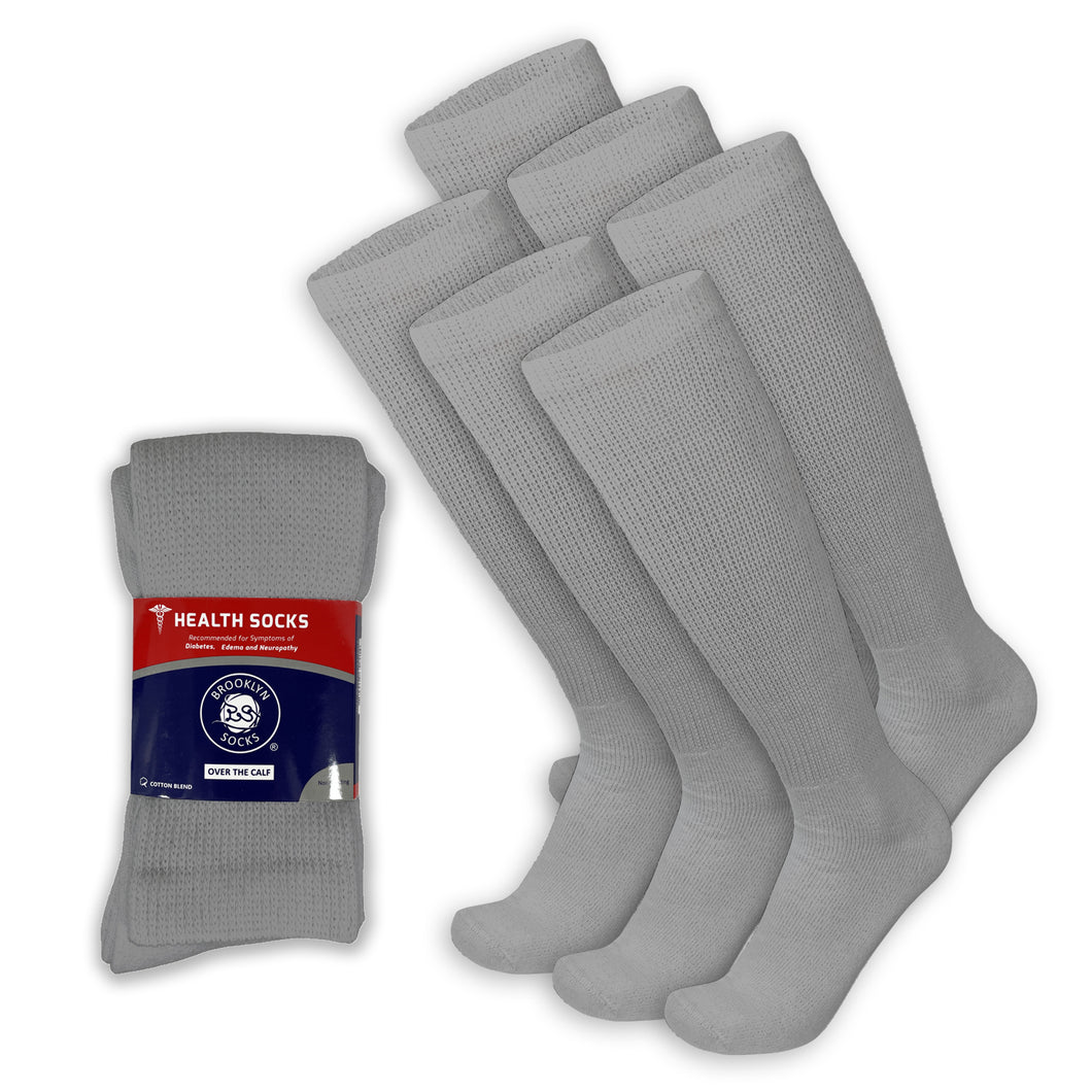 6 Pairs of Diabetic Over the Calf - Knee High Cotton Socks (Gray)