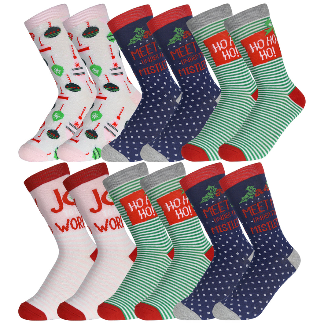 12 Pairs of Women's Christmas Fun Printed Colorful Crew Holiday Socks (Sock Size 9-11)