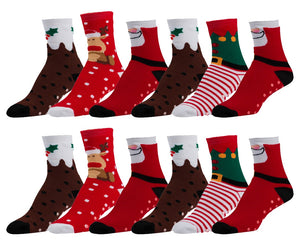 12 Pairs of Women's Christmas Non-Skid Colorful Holiday Socks (Sock Size 9-11)