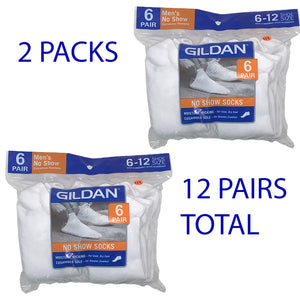 12 Pairs Gildan No Show Adult Cotton White Socks, Size 6-12