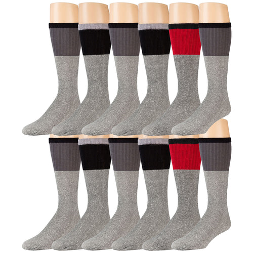 Heather Grey With Colored Tops Thermal Tube Socks For Hiking - 12 Pairs