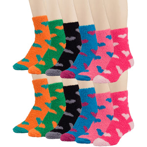 12 Pairs of Fuzzy Cute Fluffy Socks, Heart Patterned, Multicolored, Size 9-11