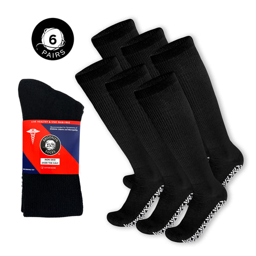 6 Pairs of Non-Skid Over-The-Calf Diabetic Cotton Socks with Non Binding Top (Black)
