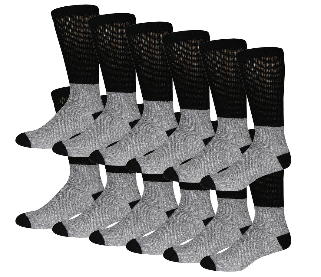 12 Pairs of Thermal Warm Diabetic Crew Tube Socks with Non-Binding Top, Grey with Black Top,  Shoe Size US Men 8-12/ Women 9-13