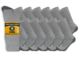 12 Pairs of Heavy Duty Steel Toe Work Crew Cotton Socks, US Men's Shoe Size 9-12
